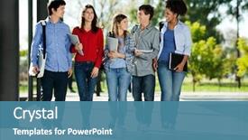  Presentation with college students - Cool new presentation design with full length of happy college backdrop and a teal colored foreground