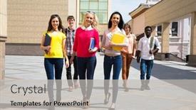  Presentation with college students - Presentation theme consisting of full length of happy college students walking together background and a light gray colored foreground