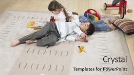  Presentation with children - Colorful PPT layouts enhanced with full length of little children lying on rug at home backdrop and a light gray colored foreground
