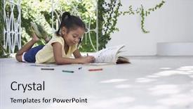  Presentation with crayons - Slide set consisting of full length of little girl drawing with crayons while lying on porch background and a light gray colored foreground