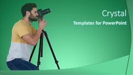  Presentation with kneeling - Amazing slide deck having full length of photographer photographing through camera while kneeling against green vignette backdrop and a ocean colored foreground