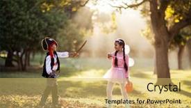  Presentation with siblings - Cool new PPT theme with full length of playful siblings wearing costumes at park on sunny day backdrop and a yellow colored foreground