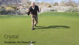  Presentation with course - Beautiful presentation design featuring full length of senior male golfer celebrating sinking putt at golf course backdrop and a gold colored foreground