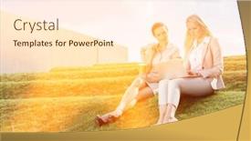  Presentation with steps - Cool new slides with full length of serious businesswomen looking at laptop while sitting on grass steps against sky backdrop and a cream colored foreground