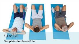  Presentation with abdominal - Theme consisting of full length of three men doing abdominal crunches over white background background and a light blue colored foreground