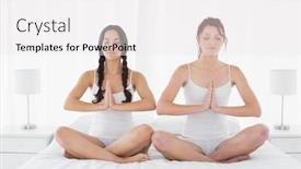  Presentation with women - Presentation design having full length of two young women sitting with joined hands on bed at home background and a white colored foreground