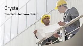  Presentation with stairway - Colorful slides enhanced with full length of young businessmen discussing over blueprint on stairway backdrop and a white colored foreground