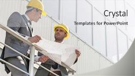  Presentation with stairway - Presentation theme having full length of young businessmen discussing over blueprint on stairway background and a white colored foreground