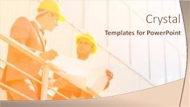  Presentation with stairway - Beautiful presentation theme featuring full length of young businessmen discussing over blueprint on stairway backdrop and a cream colored foreground