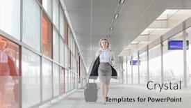  Presentation with railroad - Audience pleasing theme consisting of full length of young businesswoman with luggage rushing in railroad station backdrop and a light gray colored foreground