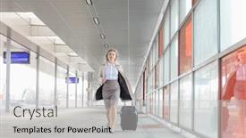  Presentation with railroad - Audience pleasing slide deck consisting of full length of young businesswoman with luggage rushing in railroad station backdrop and a light gray colored foreground
