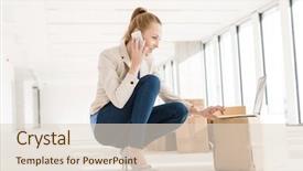  Presentation with new office - Colorful theme enhanced with full length of young businesswoman crouching while using mobile phone and laptop in new office backdrop and a lemonade colored foreground