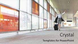  Presentation with railroad - Audience pleasing PPT theme consisting of full length of young businesswoman with luggage rushing in railroad station backdrop and a light gray colored foreground