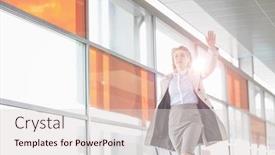  Presentation with railroad - Presentation design consisting of full length of young businesswoman with luggage walking in railroad station background and a lemonade colored foreground