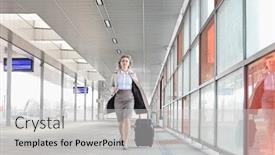  Presentation with railroad - Presentation theme with full length of young businesswoman with luggage rushing in railroad station background and a light gray colored foreground
