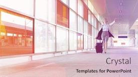  Presentation with railroad - Amazing PPT theme having full length of young businesswoman with luggage rushing in railroad station backdrop and a lemonade colored foreground