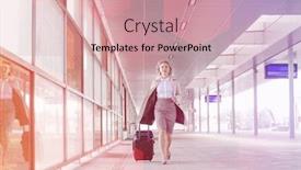  Presentation with railroad - Slide deck having full length of young businesswoman with luggage rushing in railroad station background and a coral colored foreground