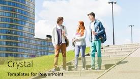  Presentation with college - Presentation featuring full length of young college friends walking downstairs outdoors background and a yellow colored foreground