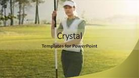  Presentation with course - PPT theme with full length of young female golfer holding flag on golf course background and a soft green colored foreground