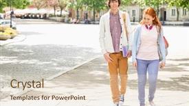  Presentation with college students - Audience pleasing PPT theme consisting of full length of young male and female college students walking on footpath backdrop and a lemonade colored foreground