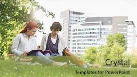  Presentation with college campus - Presentation design with full length of young male and female friends studying at college campus background and a yellow colored foreground