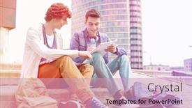  Presentation with steps - Beautiful slide deck featuring full length of young male college students studying on steps against building backdrop and a soft green colored foreground