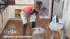 Presentation with ironing - Colorful slides enhanced with full length of young man lifting laundry basket by ironing board in kitchen at home backdrop and a violet colored foreground