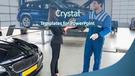  Presentation with garage car - PPT theme having full length of young mechanic giving car key to client after servicing at garage background and a ocean colored foreground