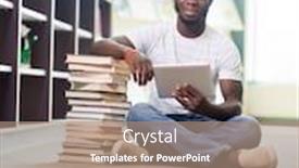 Presentation with digital books - Colorful theme enhanced with full length portrait of african american male student with digital tablet and stacked books sitting on floor at library backdrop and a coral colored foreground