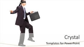  Presentation with blindfolded - Amazing presentation theme having full length portrait of blindfolded young businessman walking on rope isolated on white background backdrop and a cream colored foreground
