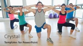  Presentation with exercise class - PPT layouts having full length portrait of fitness class and instructor doing pilates exercise in bright room background and a mint green colored foreground