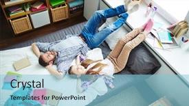  Presentation with messy - Colorful slide set enhanced with full-length portrait of pretty girl and her father having nap in messy bedroom high angle view backdrop and a light blue colored foreground