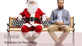  Presentation with man sitting bench - Cool new PPT theme with full-length-portrait-of-santa backdrop and a soft green colored foreground