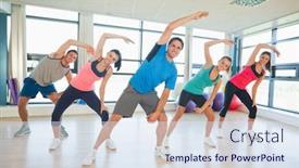  Presentation with exercise class - Theme consisting of full length portrait of smiling people doing power fitness exercise at yoga class in fitness studio background and a sky blue colored foreground
