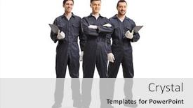  Presentation with mechanic - Slide deck featuring full-length-portrait-of-three background and a light gray colored foreground