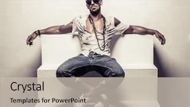  Presentation with steps - Beautiful slides featuring full length portrait of young man wearing sunglasses and torn shirt leaning back with open arms on studio steps backdrop and a soft green colored foreground