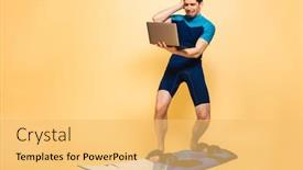  Presentation with surfing - PPT theme featuring full length portrait of an upset young man dressed in swimsuit holding laptop computer while surfing on a board isolated over yellow background background and a yellow colored foreground