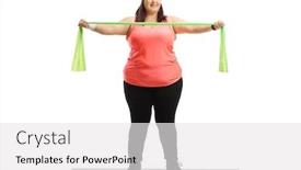  Presentation with band - Cool new PPT layouts with full length portrait of an overweight woman standing on a mat and exercising with a rubber band isolated on white background backdrop and a white colored foreground
