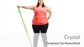  Presentation with band - PPT theme consisting of full length portrait of an overweight woman exercising with a rubber band on a mat isolated on white background background and a white colored foreground