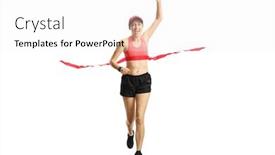  Presentation with finish line - Slide deck featuring full length portrait of a young woman on the finish line of a race isolated on white background background and a white colored foreground