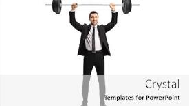  Presentation with lifting weights - Presentation theme having full length portrait of a man in a suit lifting weights and smiling isolated on white background background and a white colored foreground