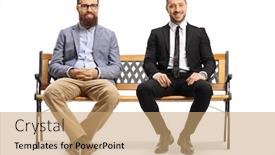  Presentation with full length portrait two men women brown sweater - Colorful presentation theme enhanced with benches - full length portrait backdrop and a coral colored foreground
