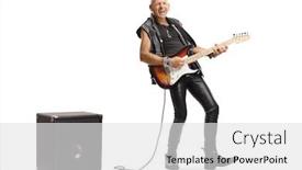 Presentation with guitar - Presentation theme consisting of full length portrait of a rocker playing a guitar plugged into an amplifier isolated on white background background and a white colored foreground