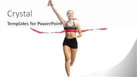  Presentation with athlete - Colorful presentation design enhanced with full length portrait of a athlete woman finishing a relay race with a baton in her hand isolated on white background backdrop and a white colored foreground