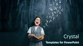  Presentation with education cute - Colorful PPT theme enhanced with full length portrait of a funny cute girl standing with a book over a blackboard school education backdrop and a navy blue colored foreground