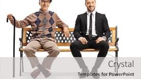  Presentation with man sitting bench - Slide deck having full-length-portrait background and a light gray colored foreground