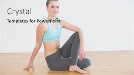 Presentation with posture - Theme having full length portrait of a fit young woman sitting in cowface posture against wall in fitness studio background and a white colored foreground