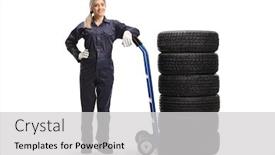  Presentation with female mechanic - Slide set enhanced with full-length-portrait background and a light gray colored foreground