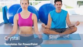  Presentation with posture - Slide deck having full length portrait of a young couple sitting in lotus posture at fitness studio background and a teal colored foreground