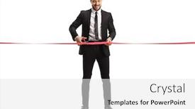  Presentation with cutting ribbon - Cool new slide deck with full-length-portrait backdrop and a white colored foreground